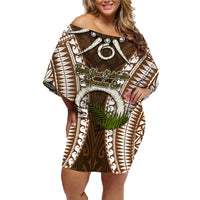 Vanuatu Selebretem 44th Indipendens Dei Family Matching Off Shoulder Short Dress and Hawaiian Shirt Yumi Pig Tusk and Namele Fern LT03 Mom's Dress Brown - Polynesian Pride