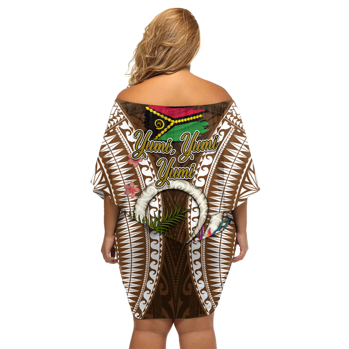 Vanuatu Selebretem 44th Indipendens Dei Family Matching Off Shoulder Short Dress and Hawaiian Shirt Yumi Pig Tusk and Namele Fern LT03 - Polynesian Pride