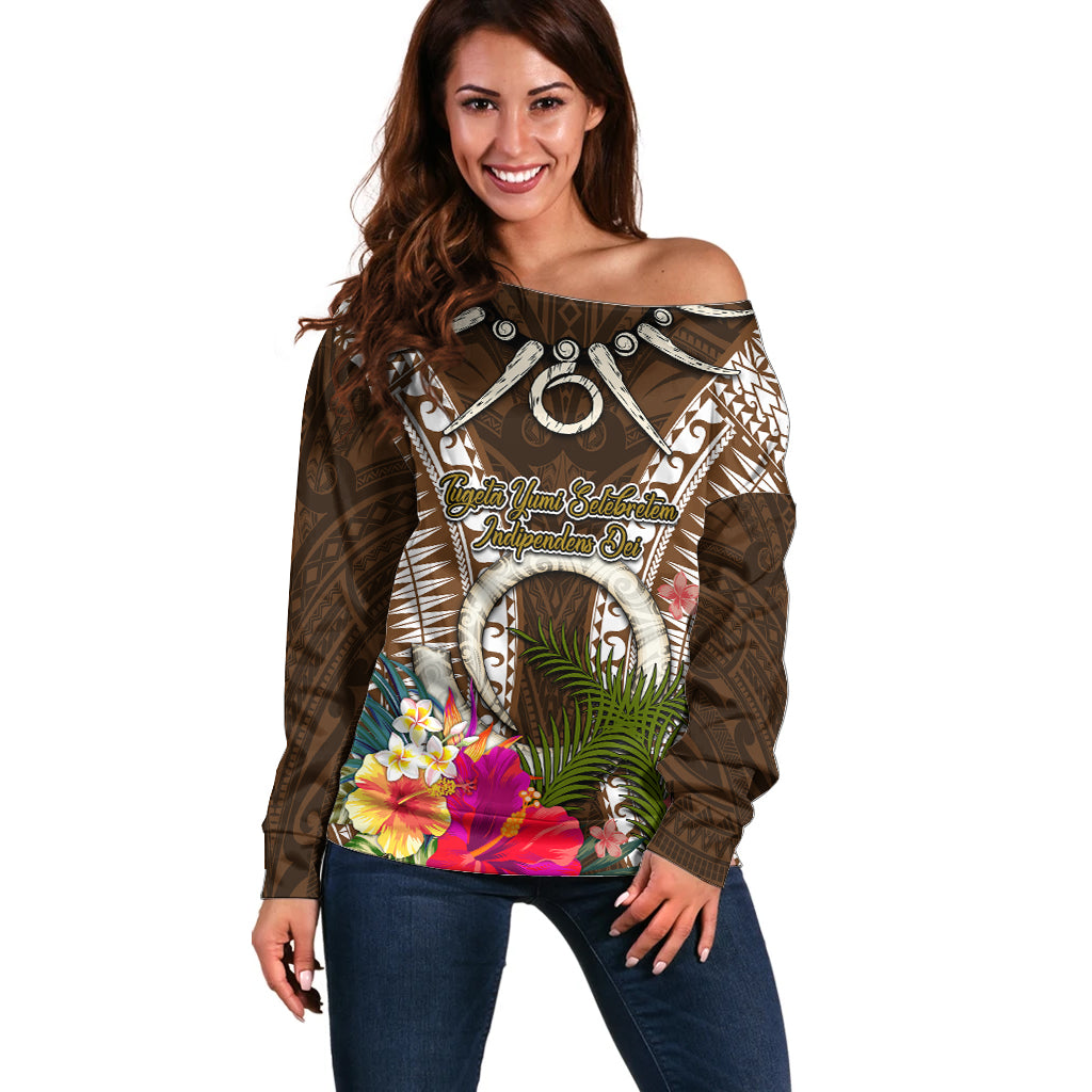Vanuatu Selebretem 44th Indipendens Dei Off Shoulder Sweater Yumi Pig Tusk and Namele Fern LT03 Women Brown - Polynesian Pride