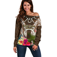 Vanuatu Selebretem 44th Indipendens Dei Off Shoulder Sweater Yumi Pig Tusk and Namele Fern LT03 Women Brown - Polynesian Pride