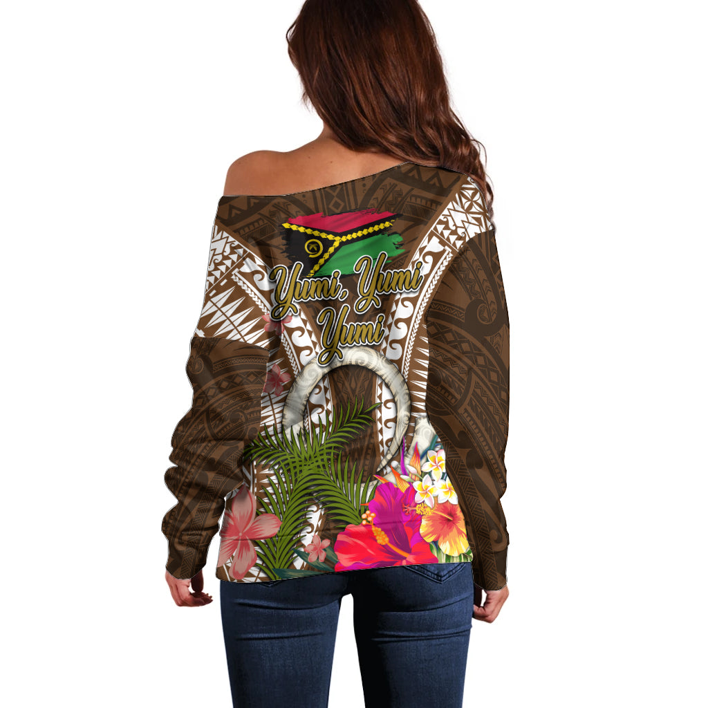 Vanuatu Selebretem 44th Indipendens Dei Off Shoulder Sweater Yumi Pig Tusk and Namele Fern LT03 - Polynesian Pride