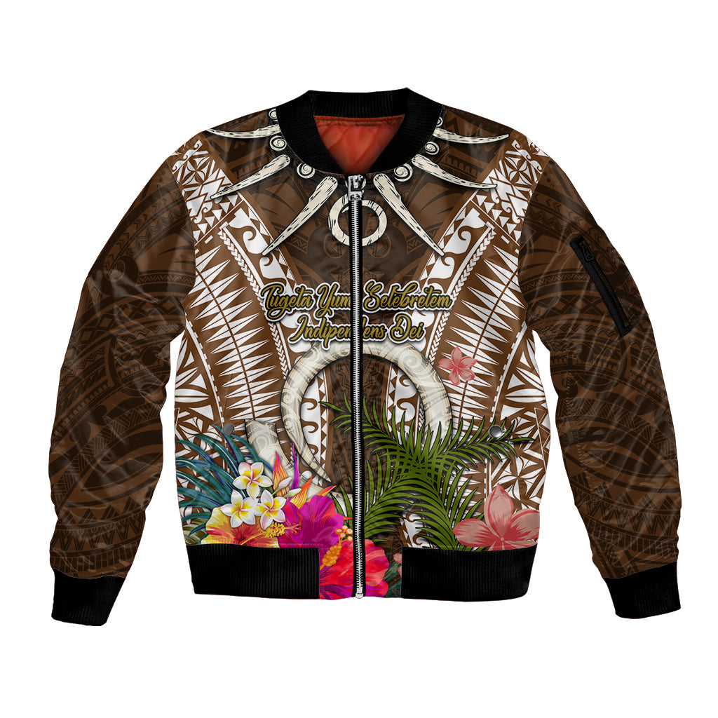 Vanuatu Selebretem 44th Indipendens Dei Sleeve Zip Bomber Jacket Yumi Pig Tusk and Namele Fern