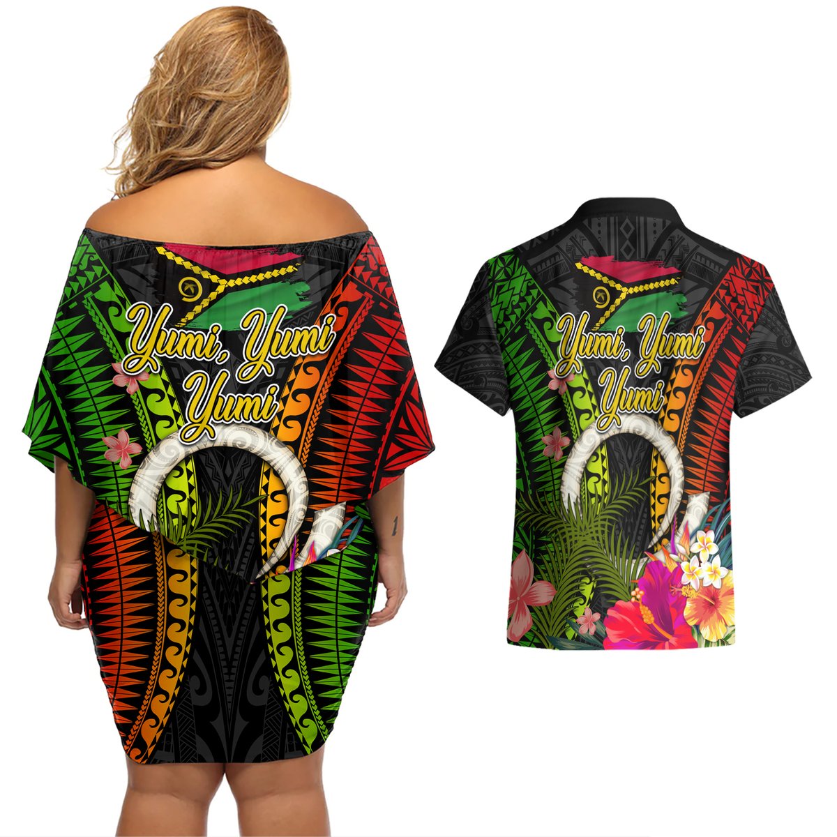 Vanuatu Independence Day Couples Matching Off Shoulder Short Dress and Hawaiian Shirt Tugeta Yumi Selebretem Indipendens Dei