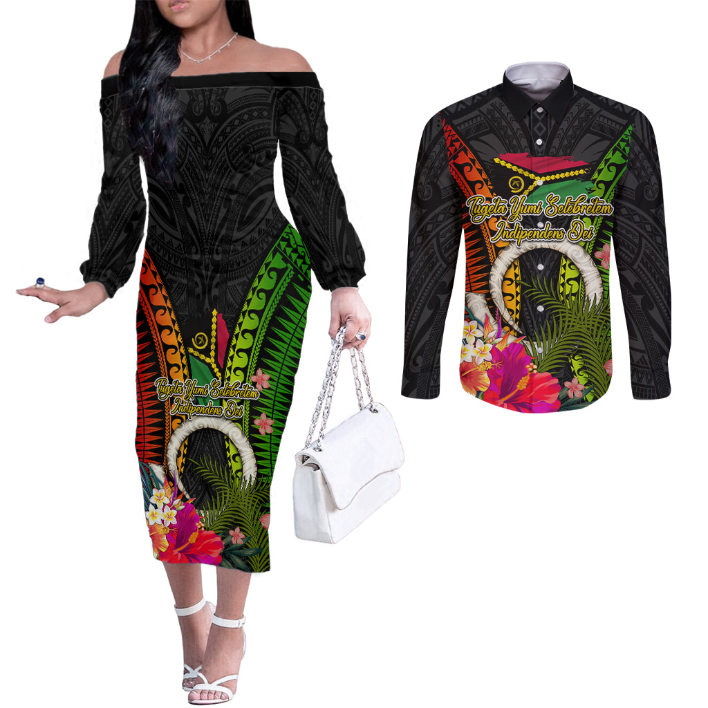 Vanuatu Independence Day Couples Matching Off The Shoulder Long Sleeve Dress and Long Sleeve Button Shirt Tugeta Yumi Selebretem Indipendens Dei