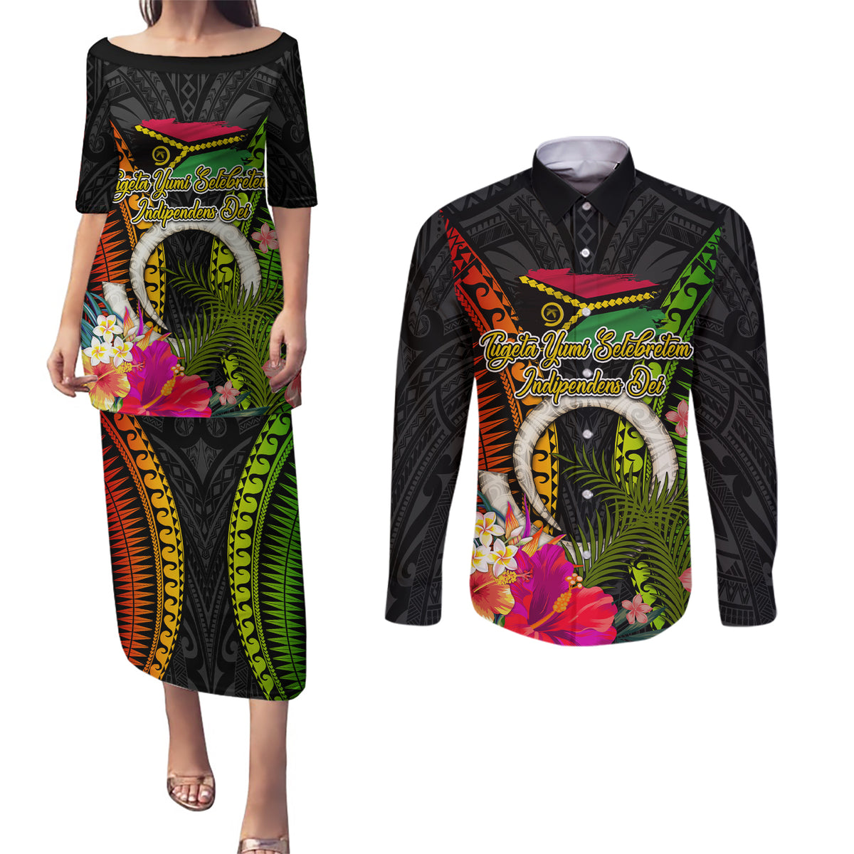 Vanuatu Independence Day Couples Matching Puletasi and Long Sleeve Button Shirt Tugeta Yumi Selebretem Indipendens Dei
