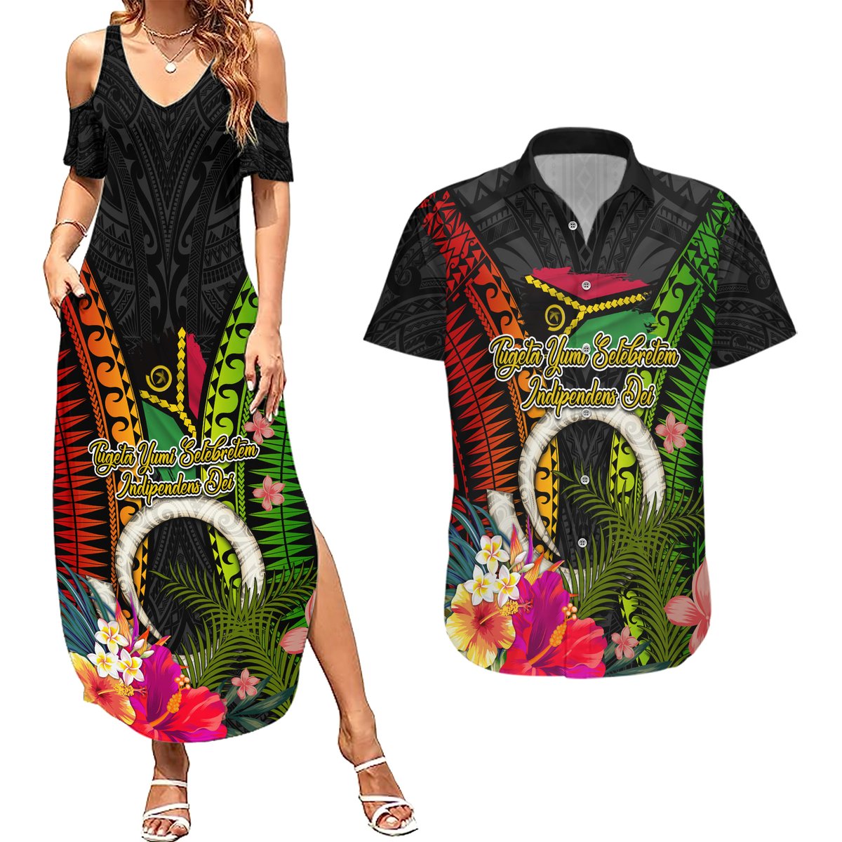 Vanuatu Independence Day Couples Matching Summer Maxi Dress and Hawaiian Shirt Tugeta Yumi Selebretem Indipendens Dei