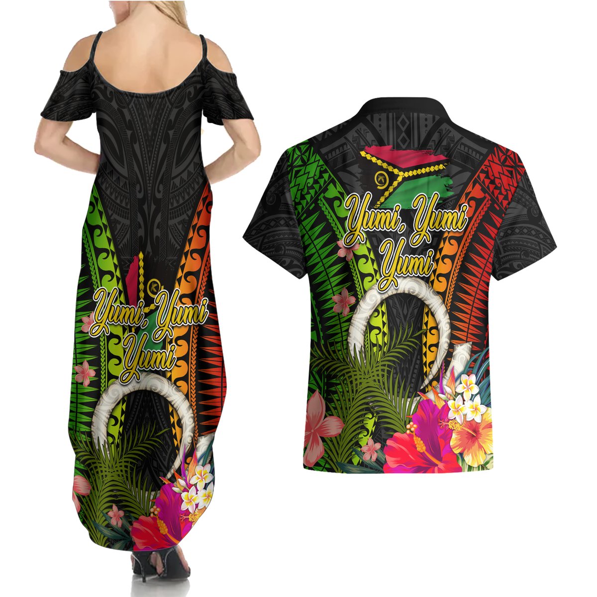 Vanuatu Independence Day Couples Matching Summer Maxi Dress and Hawaiian Shirt Tugeta Yumi Selebretem Indipendens Dei