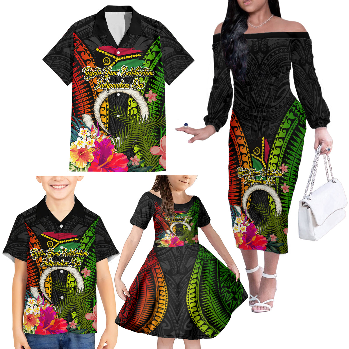Vanuatu Independence Day Family Matching Off The Shoulder Long Sleeve Dress and Hawaiian Shirt Tugeta Yumi Selebretem Indipendens Dei