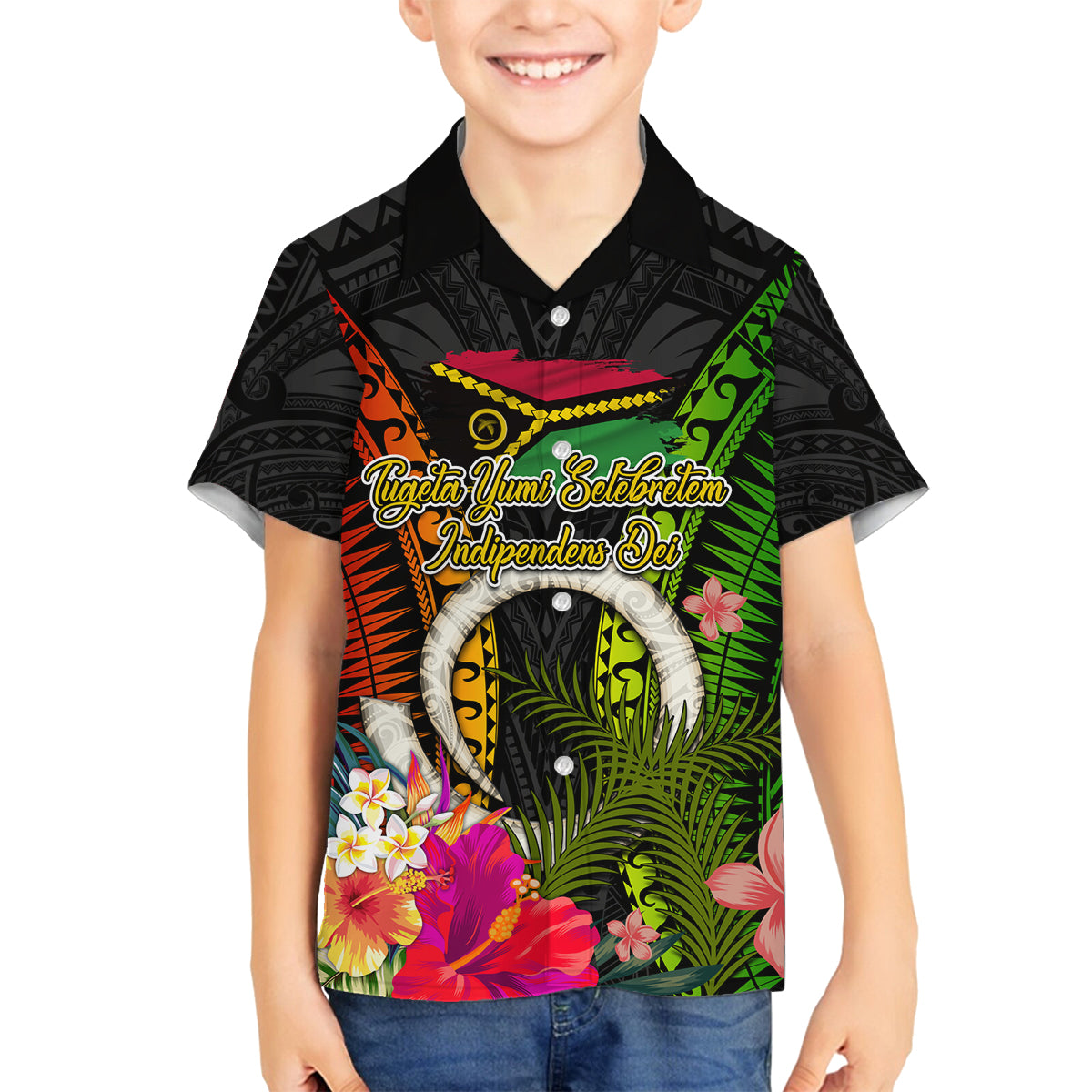 Vanuatu Independence Day Family Matching Off Shoulder Short Dress and Hawaiian Shirt Tugeta Yumi Selebretem Indipendens Dei