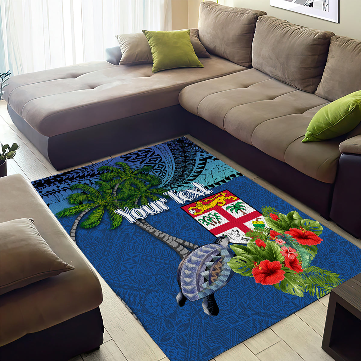 Personalised Fiji Independence Day Area Rug Fijian Coat of Arms Palm and Hibiscus Tapa Pattern