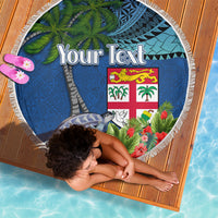 Personalised Fiji Independence Day Beach Blanket Fijian Coat of Arms Palm and Hibiscus Tapa Pattern