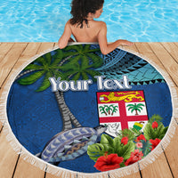 Personalised Fiji Independence Day Beach Blanket Fijian Coat of Arms Palm and Hibiscus Tapa Pattern