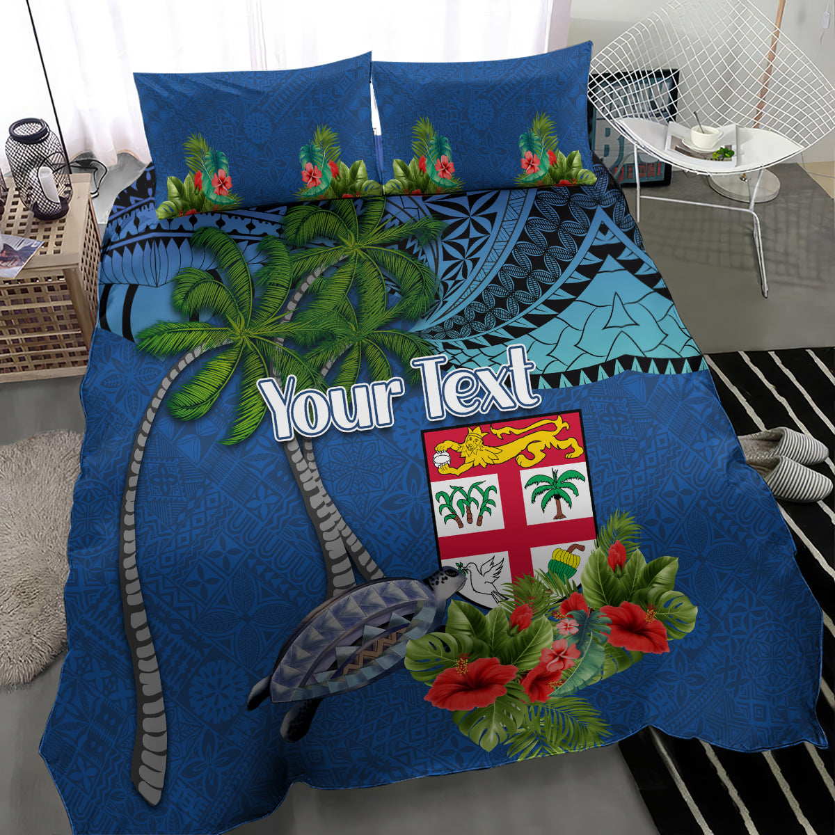 Personalised Fiji Independence Day Bedding Set Fijian Coat of Arms Palm and Hibiscus Tapa Pattern