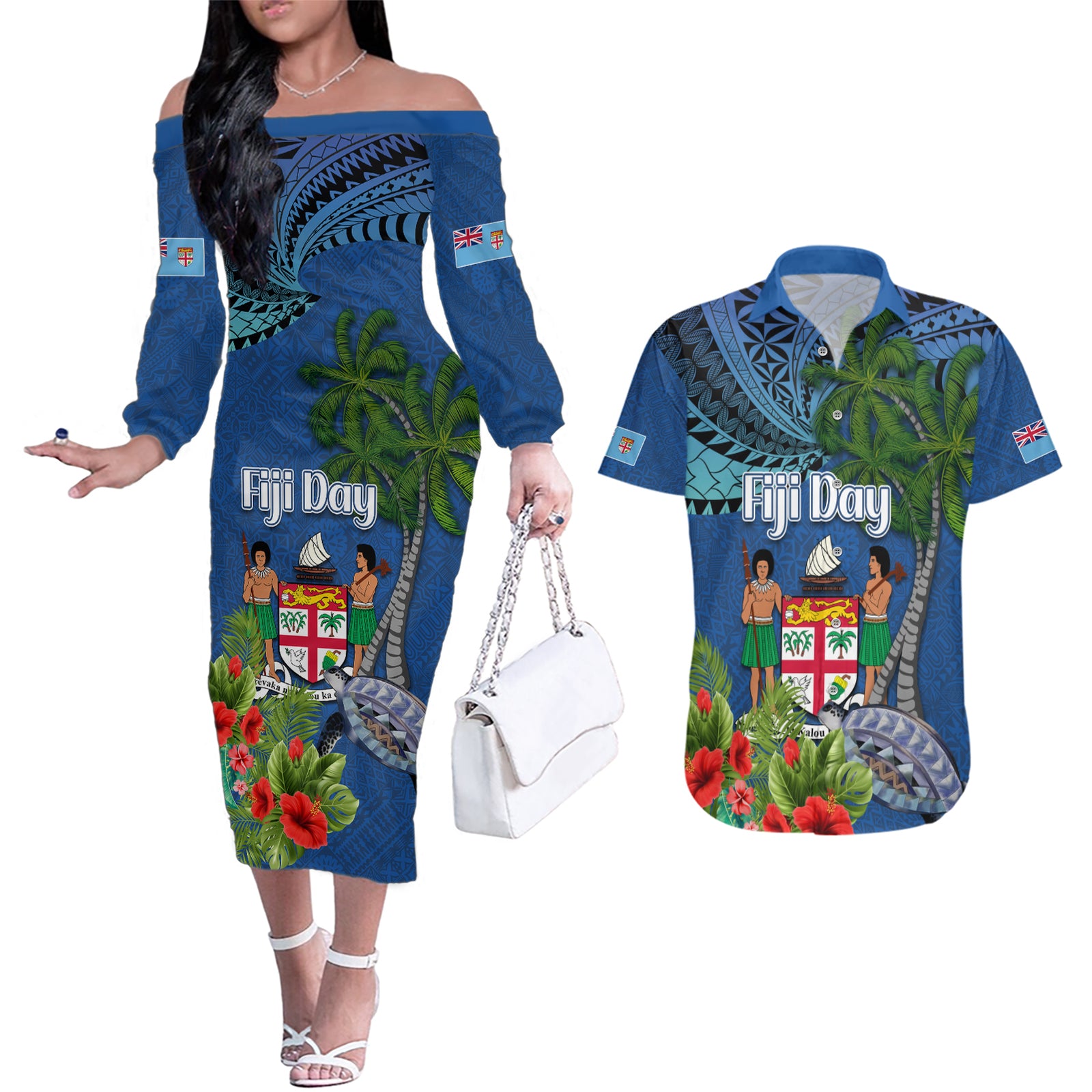 Fiji Independence Day Couples Matching Off The Shoulder Long Sleeve Dress and Hawaiian Shirt Fijian Coat of Arms Palm and Hibiscus Tapa Pattern