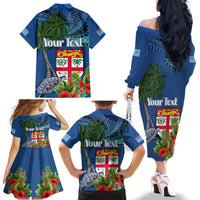 Fiji Independence Day Family Matching Off The Shoulder Long Sleeve Dress and Hawaiian Shirt Fijian Coat of Arms Palm and Hibiscus Tapa Pattern