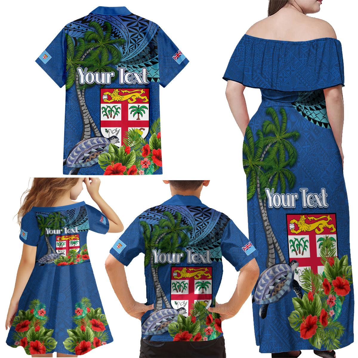 Fiji Independence Day Family Matching Off Shoulder Maxi Dress and Hawaiian Shirt Fijian Coat of Arms Palm and Hibiscus Tapa Pattern
