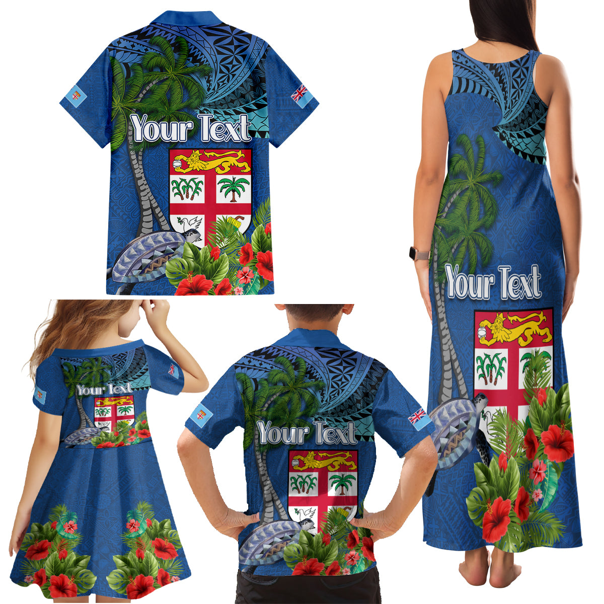 Fiji Independence Day Family Matching Tank Maxi Dress and Hawaiian Shirt Fijian Coat of Arms Palm and Hibiscus Tapa Pattern