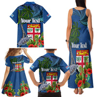Fiji Independence Day Family Matching Tank Maxi Dress and Hawaiian Shirt Fijian Coat of Arms Palm and Hibiscus Tapa Pattern
