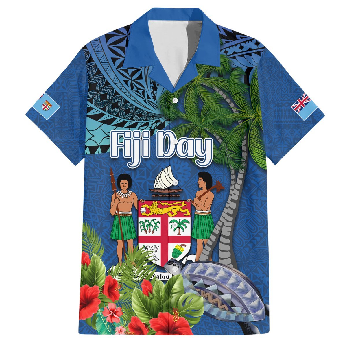 Personalised Fiji Independence Day Hawaiian Shirt Fijian Coat of Arms Palm and Hibiscus Tapa Pattern LT03 Blue - Polynesian Pride
