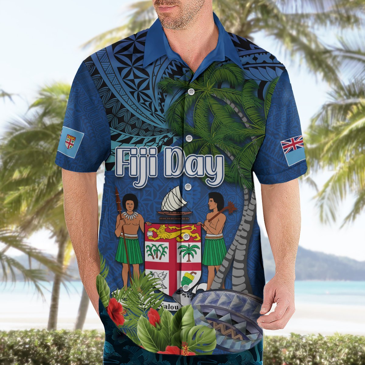 Personalised Fiji Independence Day Hawaiian Shirt Fijian Coat of Arms Palm and Hibiscus Tapa Pattern LT03 - Polynesian Pride