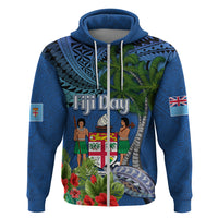 Fiji Independence Day Hoodie Fijian Coat of Arms Palm and Hibiscus Tapa Pattern