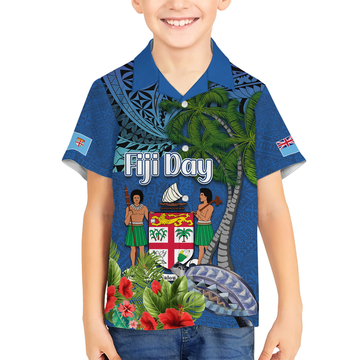Fiji Independence Day Kid Hawaiian Shirt Fijian Coat of Arms Palm and Hibiscus Tapa Pattern
