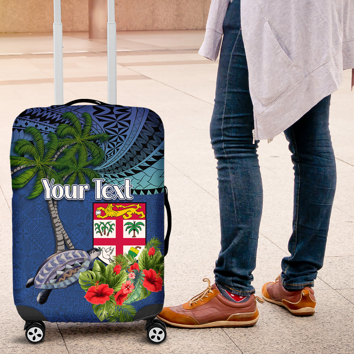 Personalised Fiji Independence Day Luggage Cover Fijian Coat of Arms Palm and Hibiscus Tapa Pattern