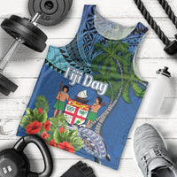 Fiji Independence Day Men Tank Top Fijian Coat of Arms Palm and Hibiscus Tapa Pattern