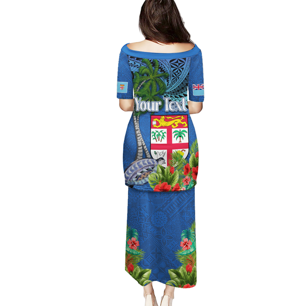 Fiji Independence Day Puletasi Fijian Coat of Arms Palm and Hibiscus Tapa Pattern