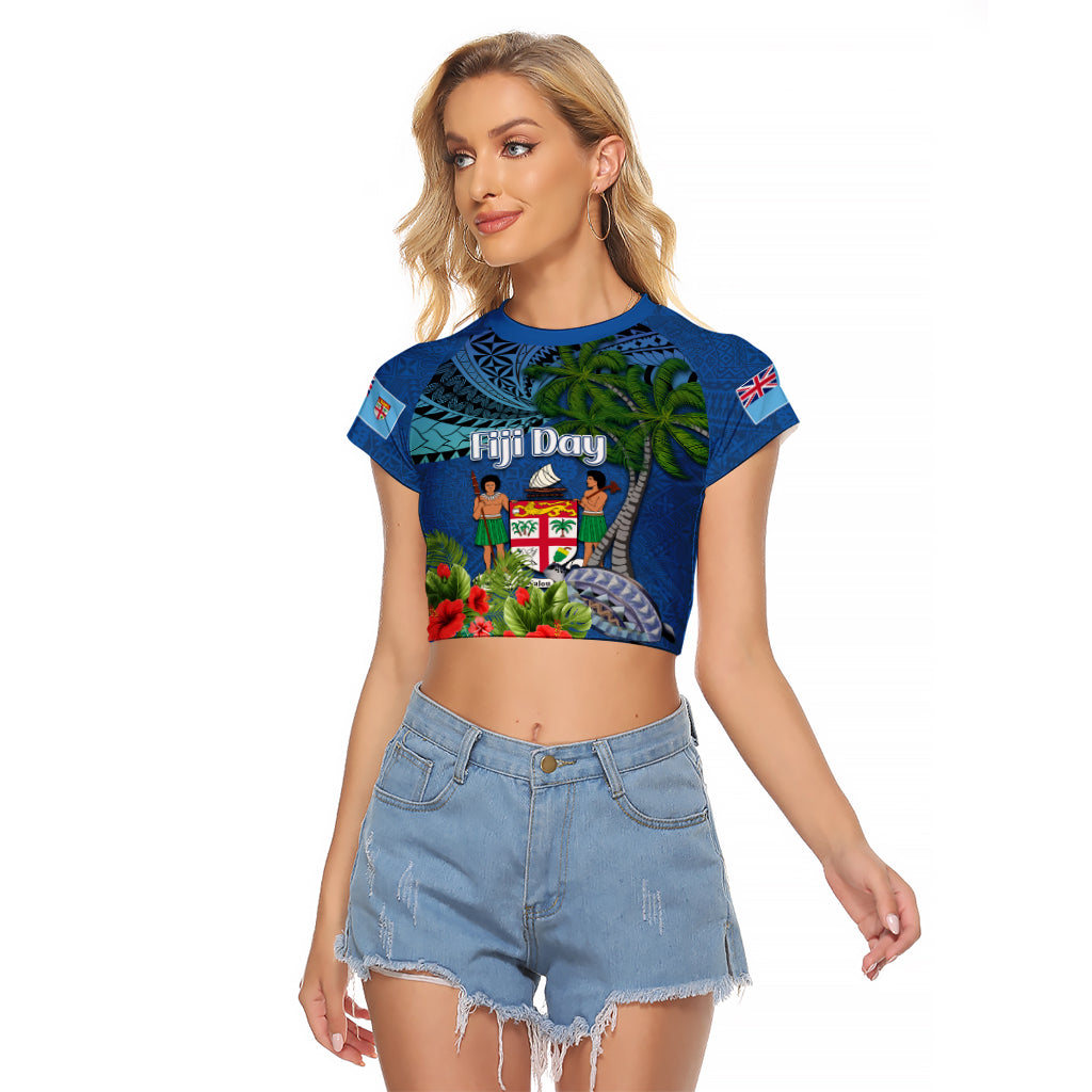 Fiji Independence Day Raglan Cropped T Shirt Fijian Coat of Arms Palm and Hibiscus Tapa Pattern