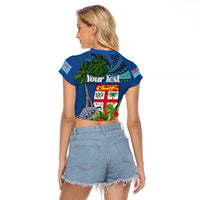 Fiji Independence Day Raglan Cropped T Shirt Fijian Coat of Arms Palm and Hibiscus Tapa Pattern