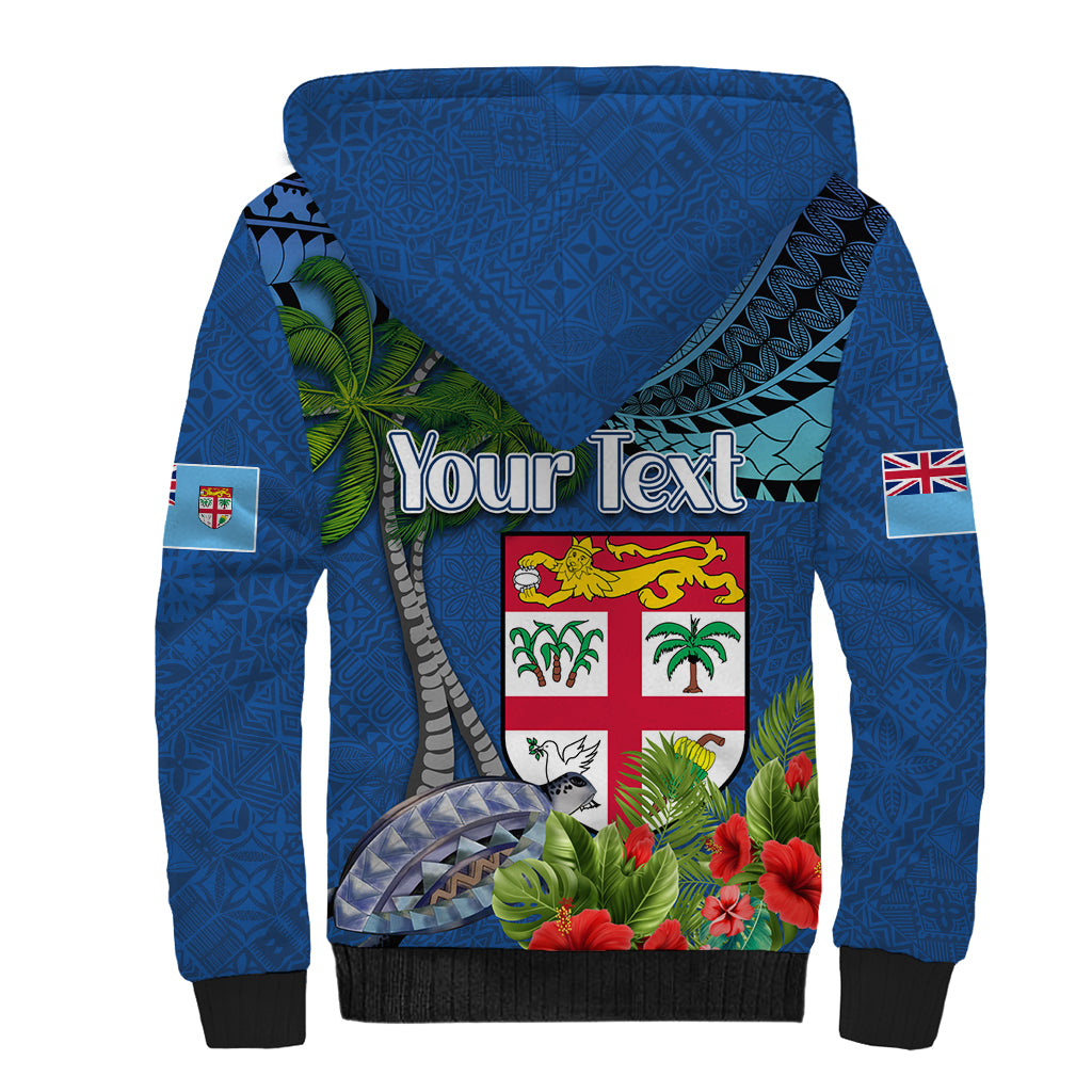 Fiji Independence Day Sherpa Hoodie Fijian Coat of Arms Palm and Hibiscus Tapa Pattern