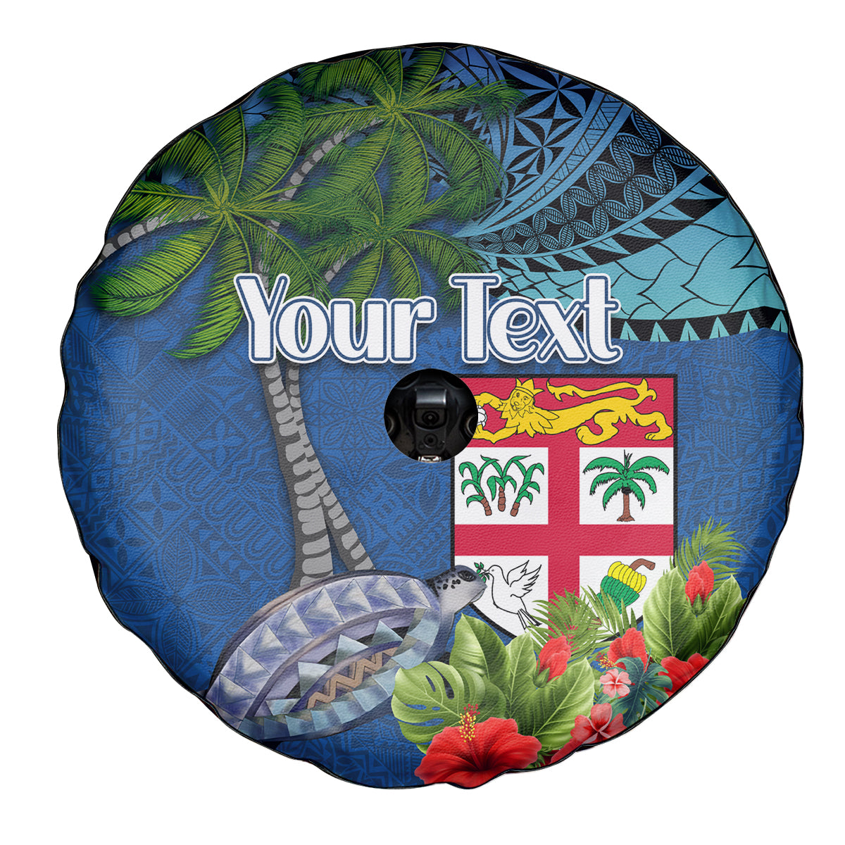 Personalised Fiji Independence Day Spare Tire Cover Fijian Coat of Arms Palm and Hibiscus Tapa Pattern