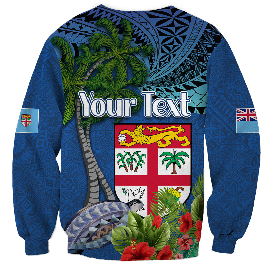 Personalised Fiji Independence Day Sweatshirt Fijian Coat of Arms Palm and Hibiscus Tapa Pattern LT03 - Polynesian Pride