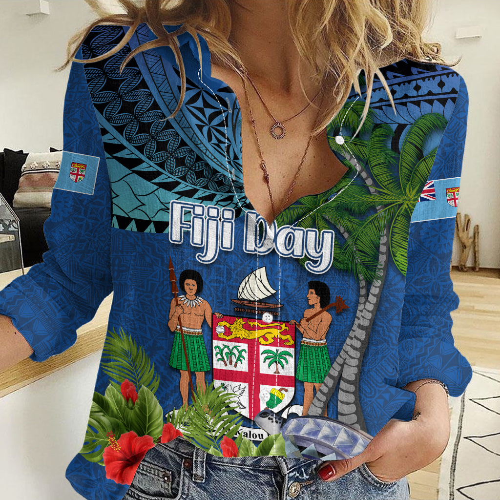 Fiji Independence Day Women Casual Shirt Fijian Coat of Arms Palm and Hibiscus Tapa Pattern