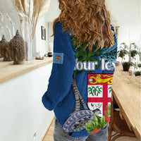 Fiji Independence Day Women Casual Shirt Fijian Coat of Arms Palm and Hibiscus Tapa Pattern