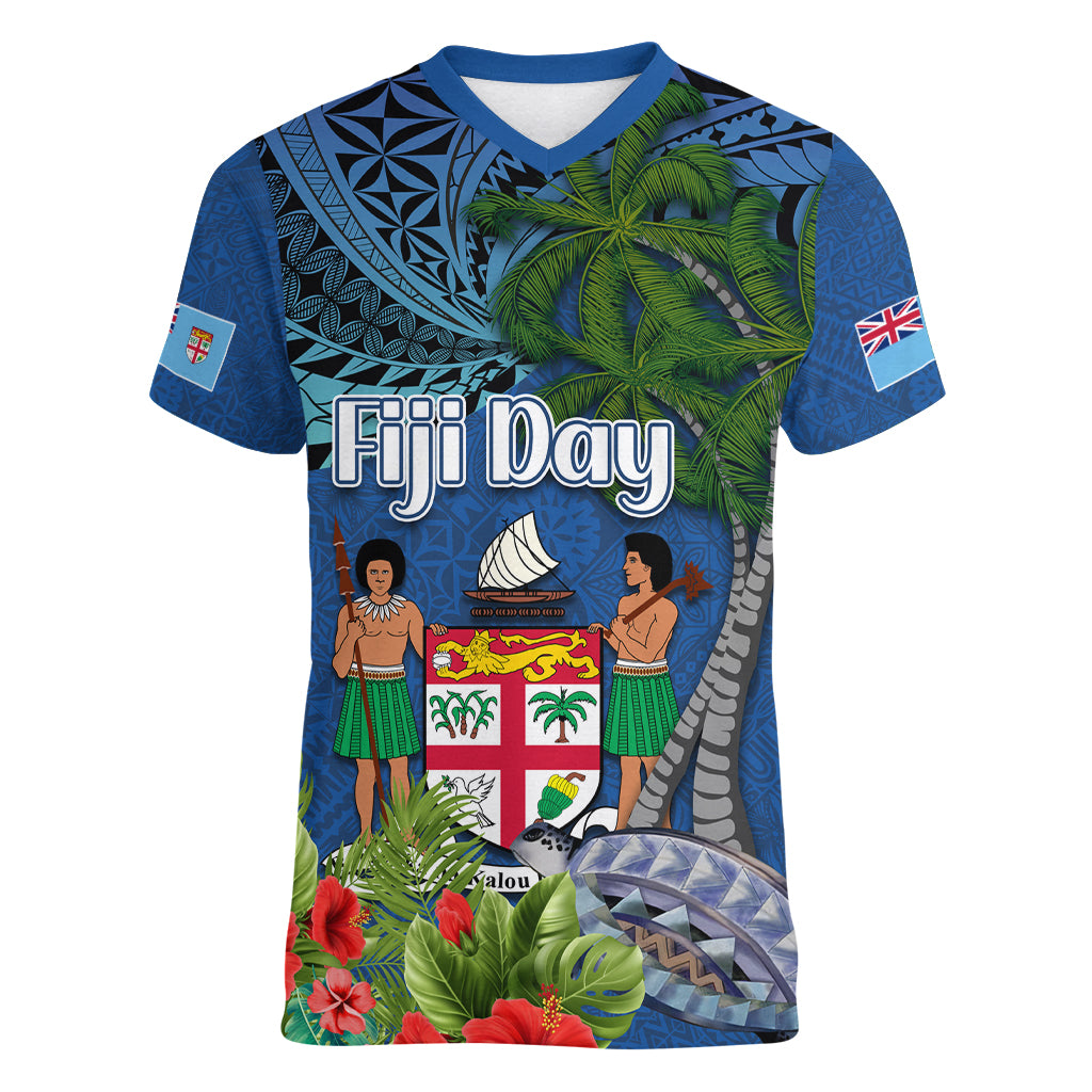 Fiji Independence Day Women V-Neck T-Shirt Fijian Coat of Arms Palm and Hibiscus Tapa Pattern