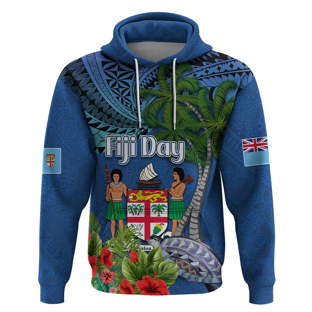 Fiji Independence Day Zip Hoodie Fijian Coat of Arms Palm and Hibiscus Tapa Pattern