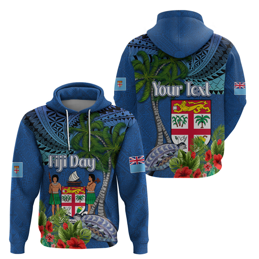Fiji Independence Day Zip Hoodie Fijian Coat of Arms Palm and Hibiscus Tapa Pattern