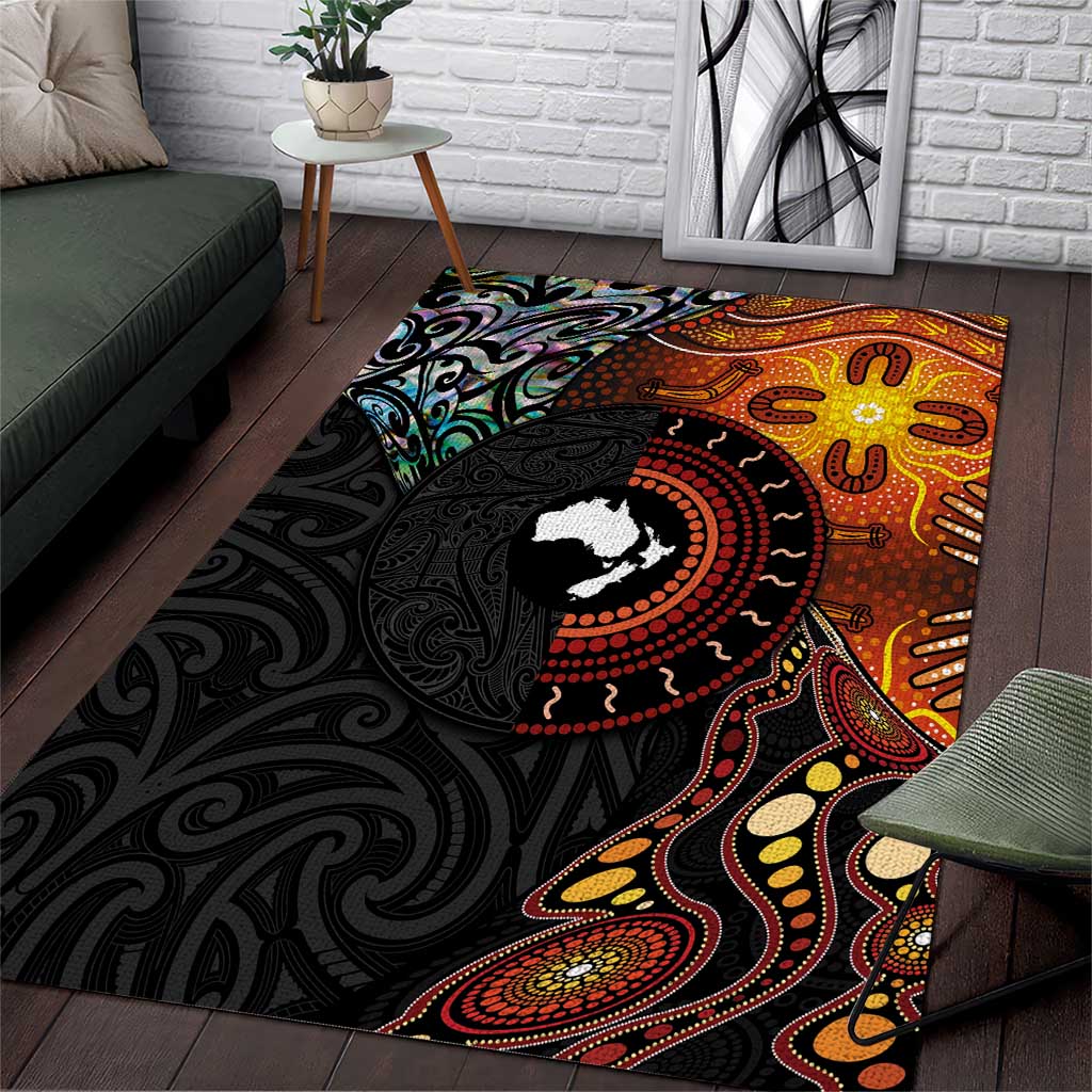 New Zealand and Australia Together Area Rug Maori Tattoo Paua Shell mix Aboriginal Pattern LT03 Black - Polynesian Pride
