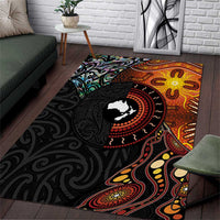 New Zealand and Australia Together Area Rug Maori Tattoo Paua Shell mix Aboriginal Pattern LT03 Black - Polynesian Pride