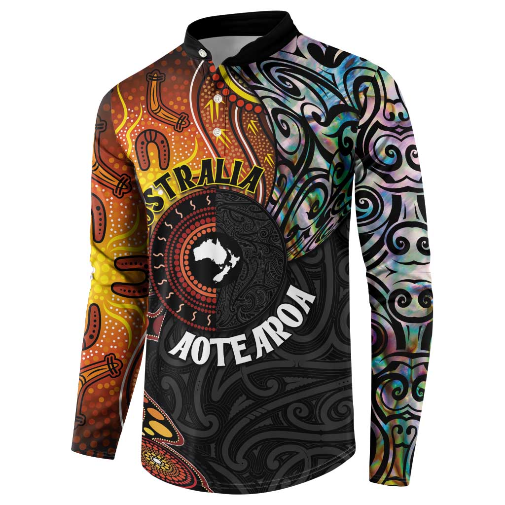 New Zealand and Australia Together Button Sweatshirt Maori Tattoo Paua Shell mix Aboriginal Pattern