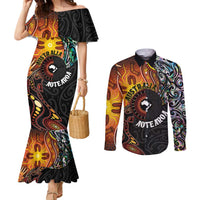 New Zealand and Australia Together Couples Matching Mermaid Dress and Long Sleeve Button Shirt Maori Tattoo Paua Shell mix Aboriginal Pattern