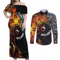 New Zealand and Australia Together Couples Matching Off Shoulder Maxi Dress and Long Sleeve Button Shirt Maori Tattoo Paua Shell mix Aboriginal Pattern