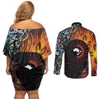 New Zealand and Australia Together Couples Matching Off Shoulder Short Dress and Long Sleeve Button Shirt Maori Tattoo Paua Shell mix Aboriginal Pattern