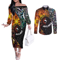 New Zealand and Australia Together Couples Matching Off The Shoulder Long Sleeve Dress and Long Sleeve Button Shirt Maori Tattoo Paua Shell mix Aboriginal Pattern