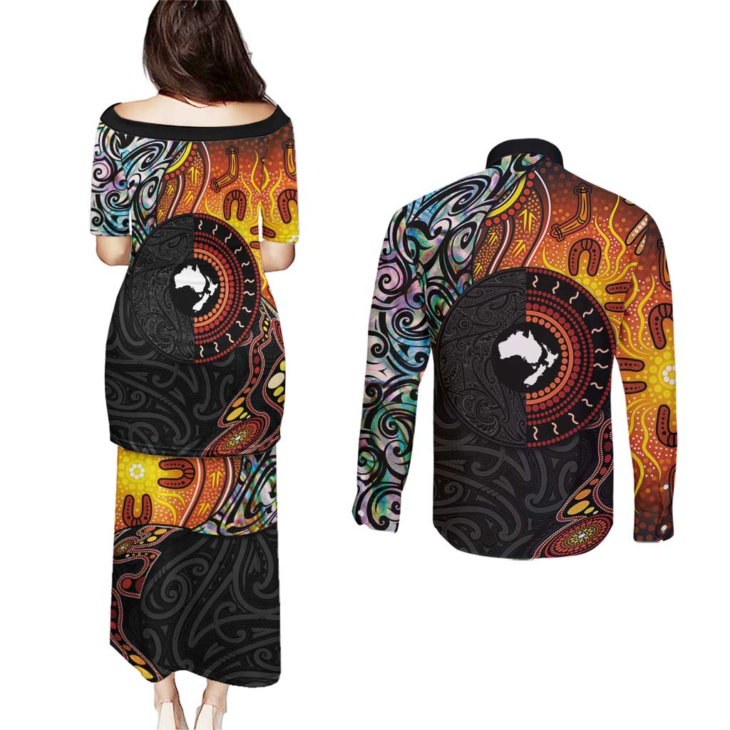 New Zealand and Australia Together Couples Matching Puletasi and Long Sleeve Button Shirt Maori Tattoo Paua Shell mix Aboriginal Pattern