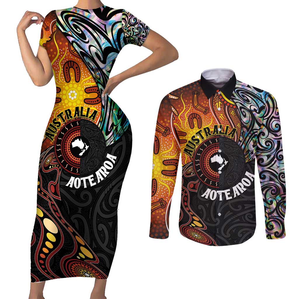New Zealand and Australia Together Couples Matching Short Sleeve Bodycon Dress and Long Sleeve Button Shirt Maori Tattoo Paua Shell mix Aboriginal Pattern