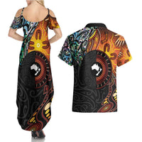 New Zealand and Australia Together Couples Matching Summer Maxi Dress and Hawaiian Shirt Maori Tattoo Paua Shell mix Aboriginal Pattern