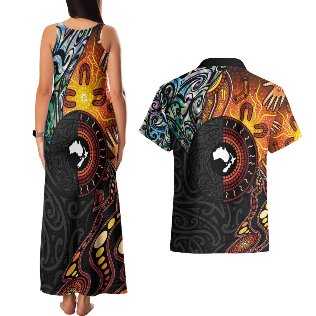 New Zealand and Australia Together Couples Matching Tank Maxi Dress and Hawaiian Shirt Maori Tattoo Paua Shell mix Aboriginal Pattern